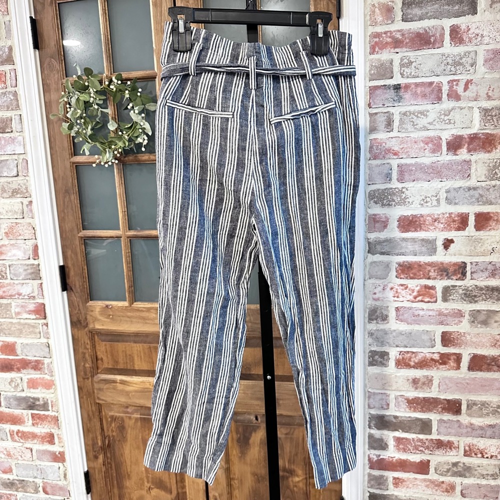 Madewell Striped Pants Women Blue White Linen Blend Tie Waist High Rise Size 4 - Picture 8 of 9